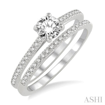 5/8 Ctw Diamond Wedding Set with 1/2 Ctw Round Cut Engagement Ring and 1/10 Ctw Wedding Band in 14K White Gold